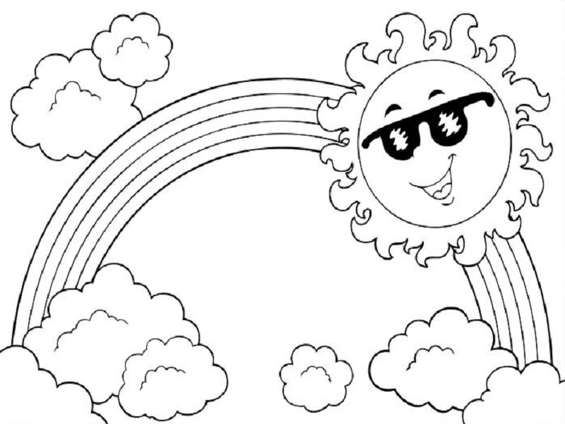 Coloriage d'un soleil souriant entouré de rayons et de nuages