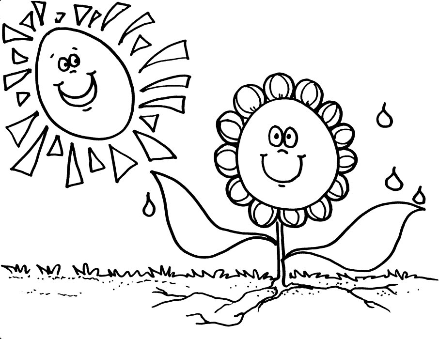 Coloriage de soleil souriant entouré de rayons et nuages
