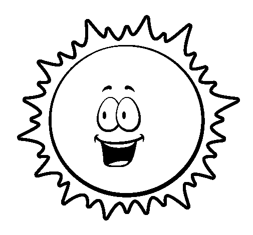 Coloriage d'un soleil souriant entouré de rayons et de nuages