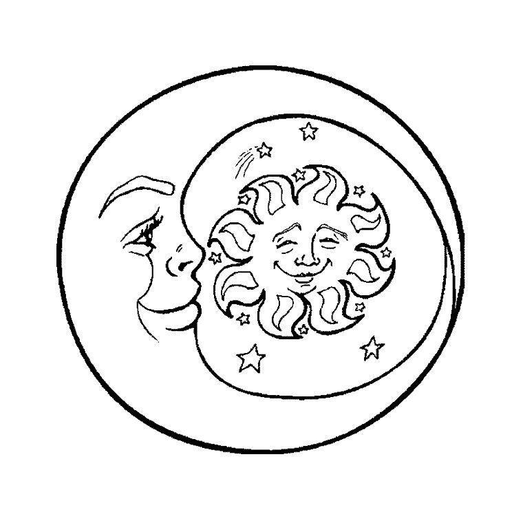 Coloriage d'un soleil souriant entouré de rayons et de nuages