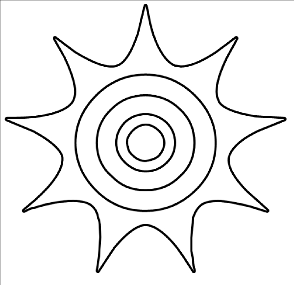 Coloriage d'un soleil souriant avec des rayons en forme de vagues