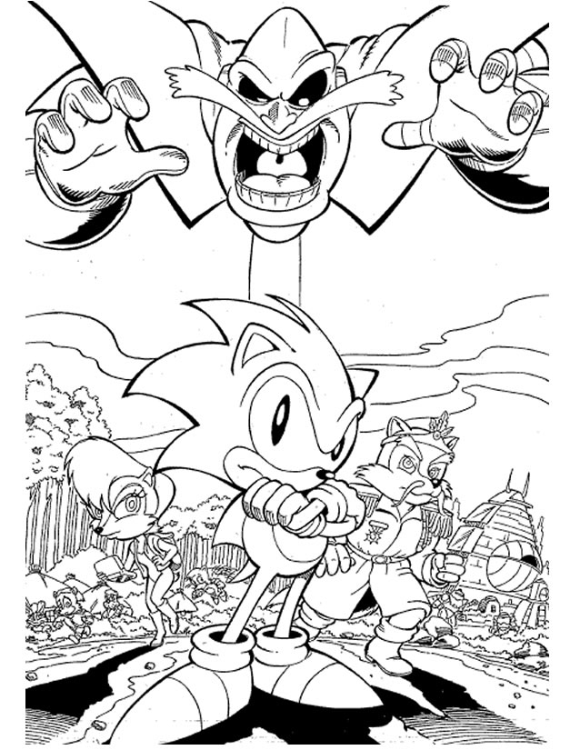 Coloriage de Sonic le hérisson courant à toute vitesse dans un paysage dynamique