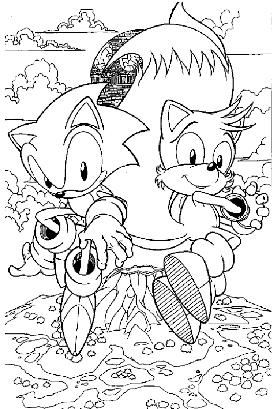 Coloriage de Sonic le Hérisson courant dans un paysage dynamique