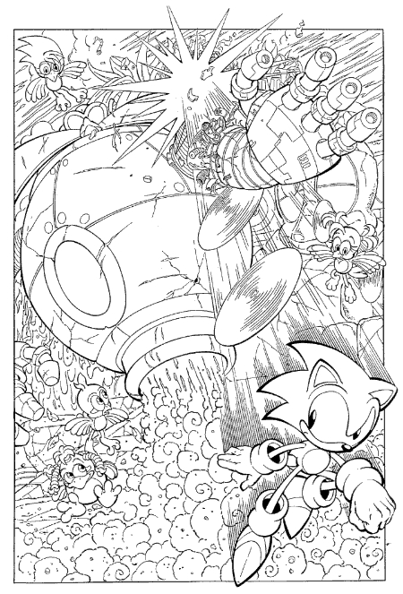 Coloriage de Sonic en pleine course dans un paysage dynamique