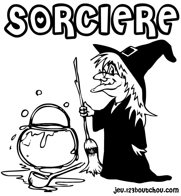 Coloriage d'une sorcière en pleine préparation de potion dans un décor nocturne