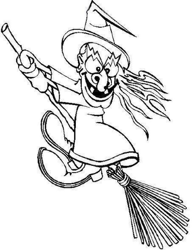Coloriage d'une sorcière avec son balai et un chat sur fond de nuit étoilée