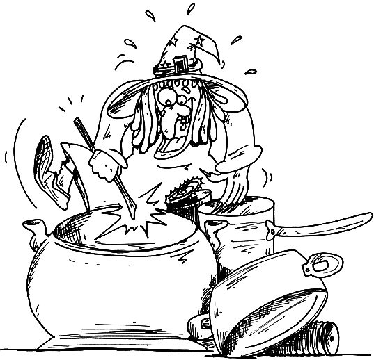 Coloriage d'une sorcière avec son balai dans un décor nocturne