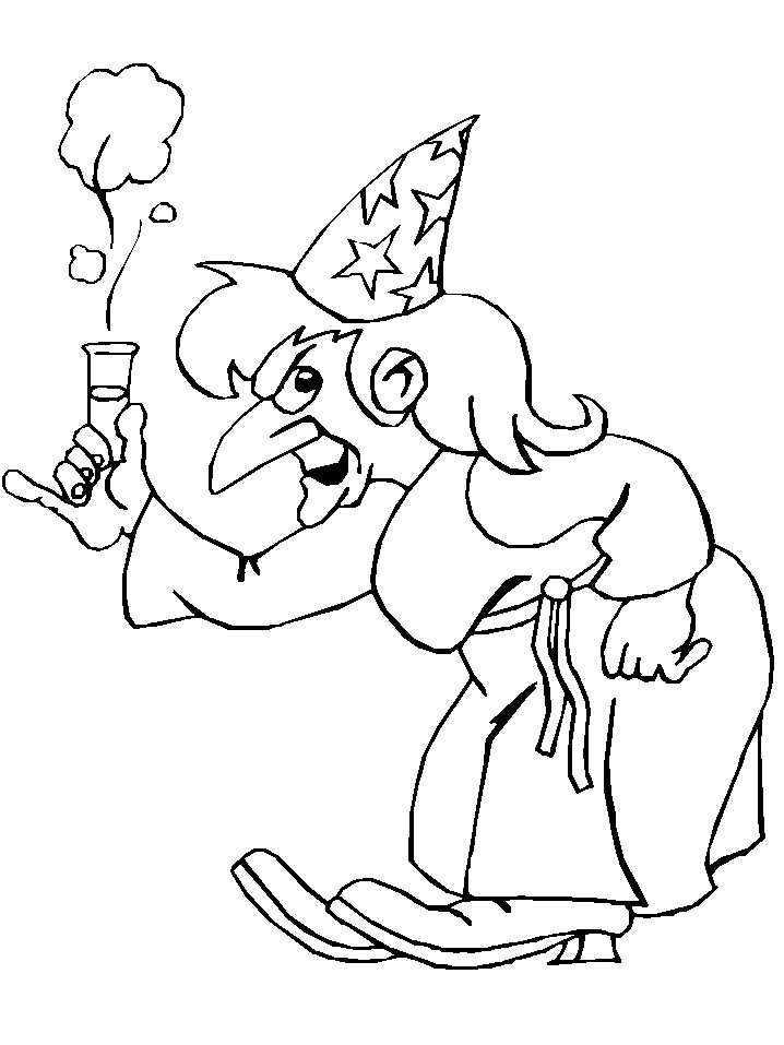 Coloriage d'une sorcière préparant une potion dans sa cabane