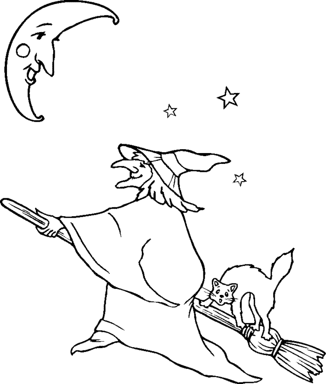 Coloriage d'une sorcière avec son balai dans un décor automnal