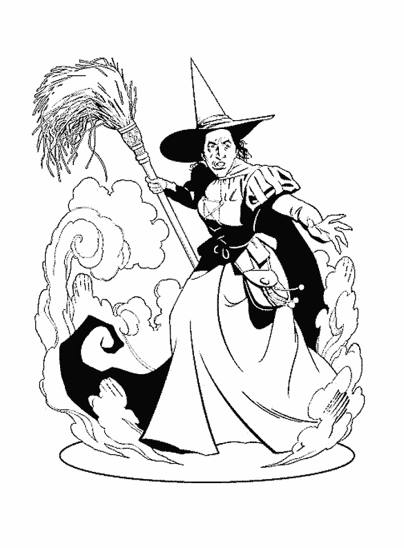 Coloriage d'une sorcière avec un chat noir dans un décor automnal