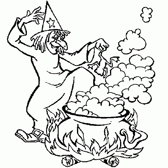 Coloriage d'une sorcière au chapeau pointu dans un décor nocturne