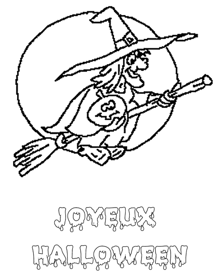 Coloriage d'une sorcière avec son chat sur un balai dans un décor nocturne