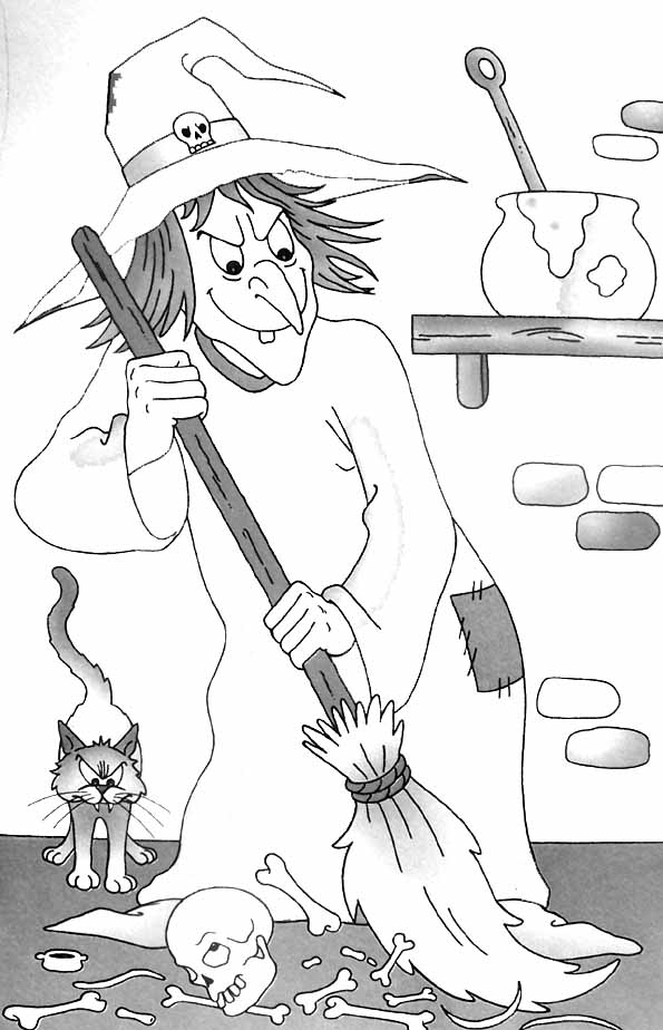 Coloriage d'une sorcière avec son balai au clair de lune