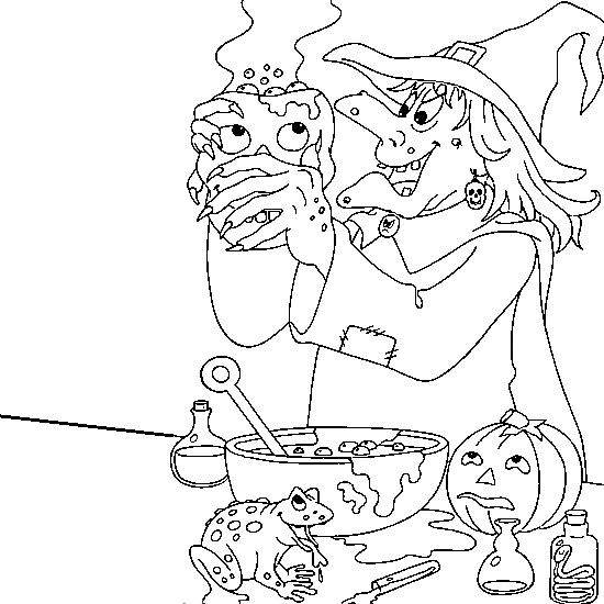 Coloriage d'une sorcière avec son chat dans un décor mystique