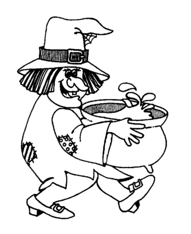 Coloriage d'une sorcière au chapeau pointu avec son chaudron dans une forêt