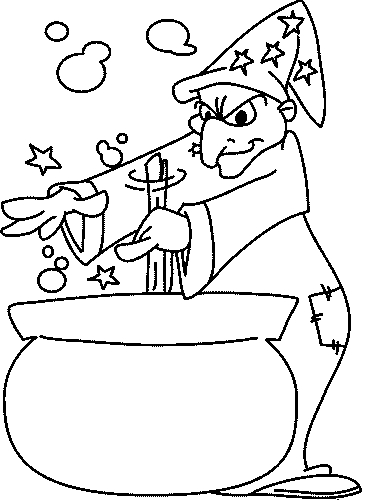 Coloriage d'une sorcière sur son balai dans un paysage mystérieux