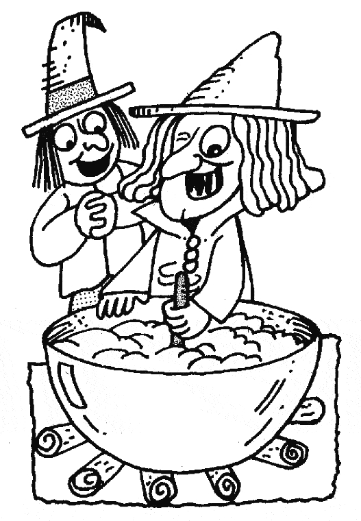 Coloriage d'une sorcière avec un chaudron et une pleine lune