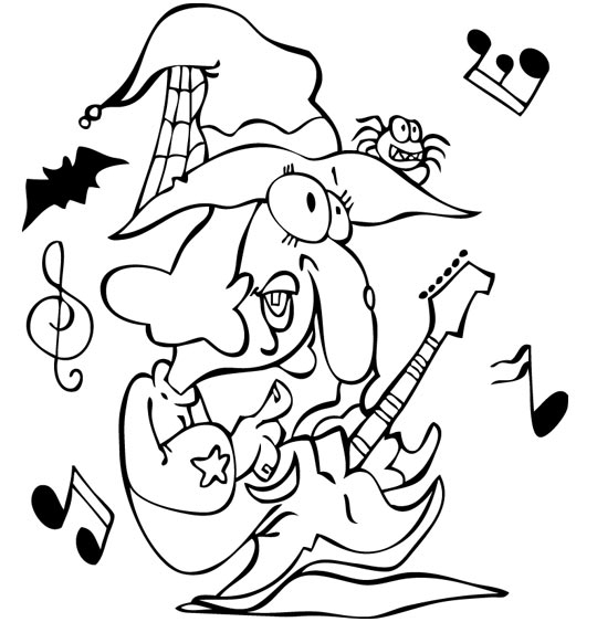 Coloriage d'une sorcière avec son balai sur un fond étoilé