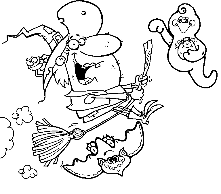Coloriage d'une sorcière sur un balai dans un paysage nocturne