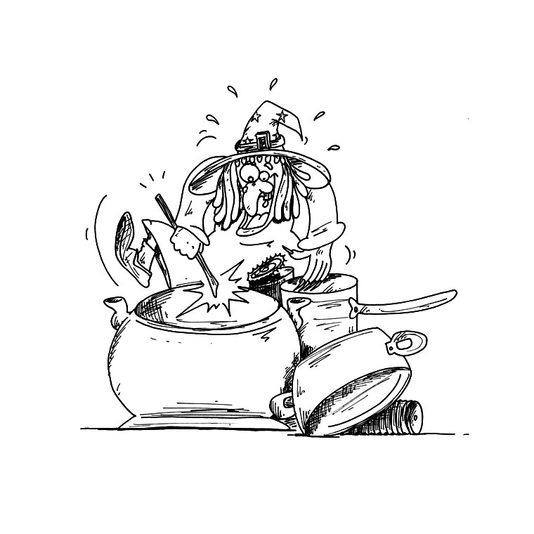 Une sorcière concoctant une potion dans sa chaumière Une sorcière concoctant une potion dans sa chaumière