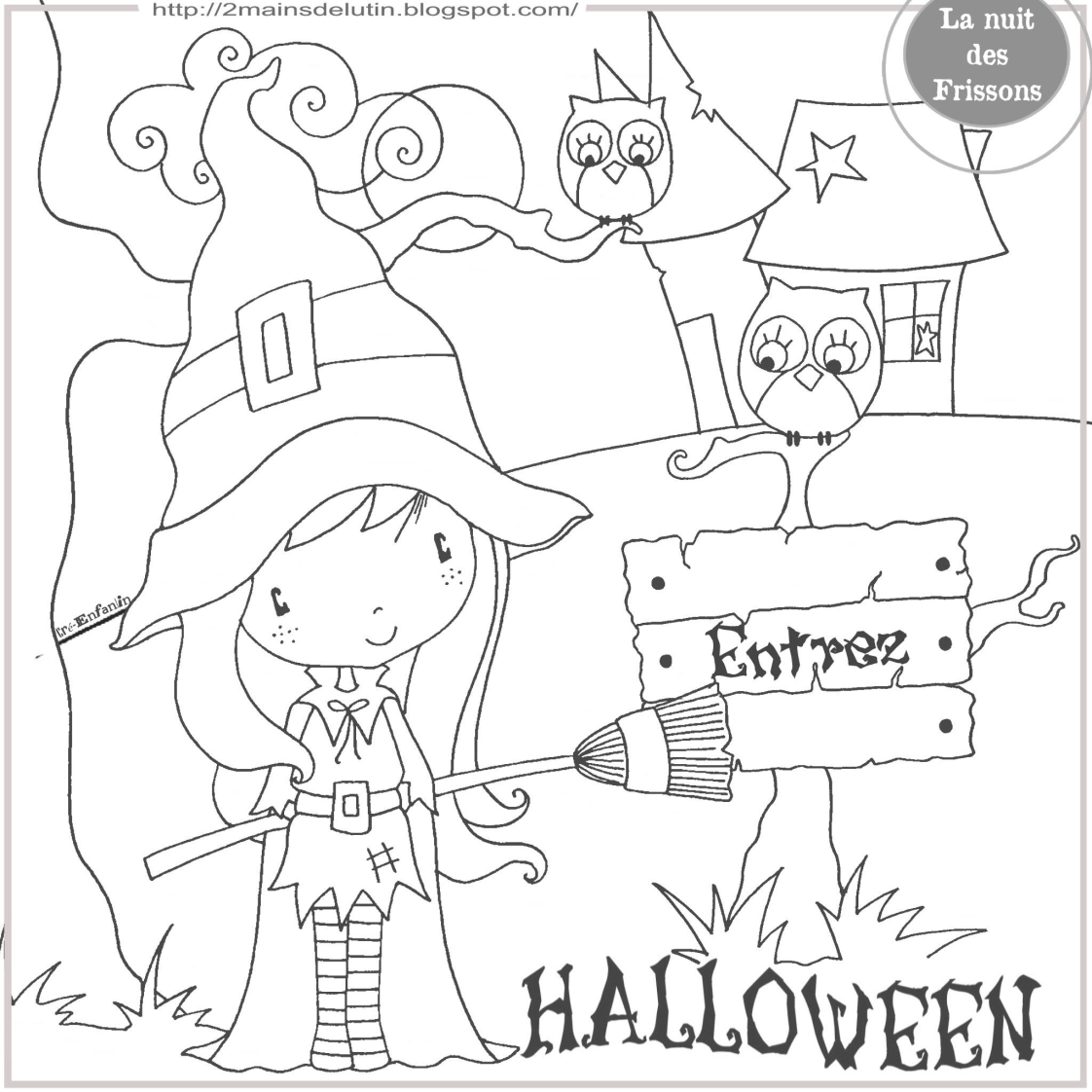 Coloriage d'une sorcière préparant une potion dans sa cabane