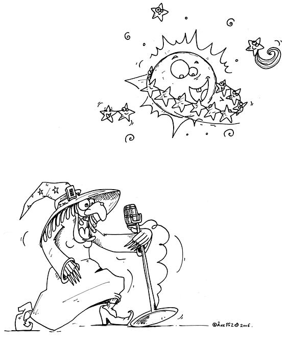 Coloriage d'une sorcière sur un balai dans un décor de nuit étoilée