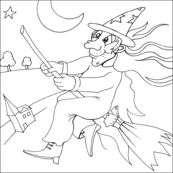 Coloriage d'une sorcière au chapeau pointu avec son balai sous un ciel étoilé