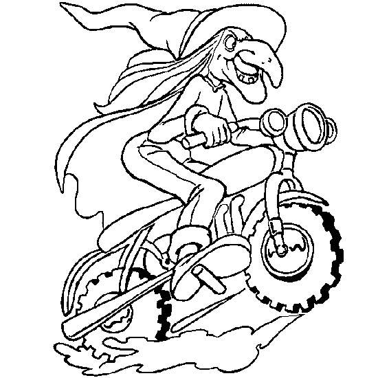 Coloriage d'une sorcière sur un balai dans un paysage nocturne