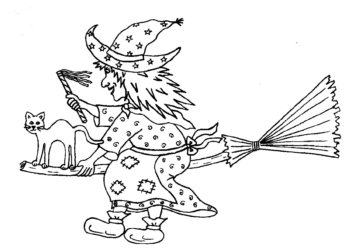 Coloriage d'une sorcière avec son balai sous un ciel étoilé