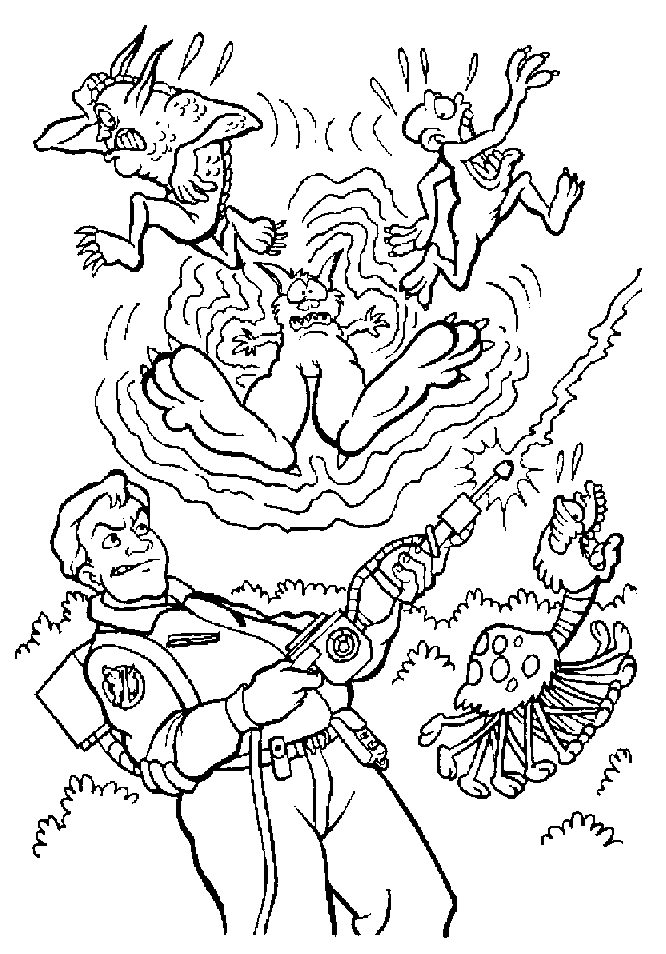 Coloriage de l'équipe des Ghostbusters en pleine action dans un décor urbain