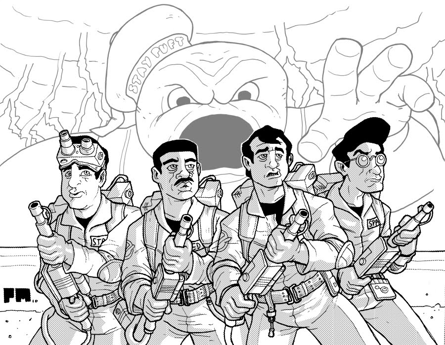 Coloriage de l'équipe des chasseurs de fantômes dans une scène d'action