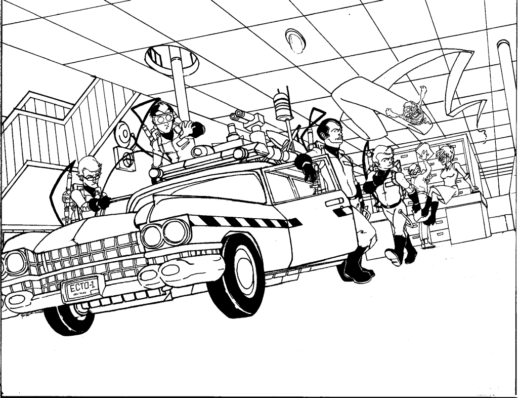 Coloriage de l'équipe de SOS Fantômes en pleine action dans une ville mystérieuse