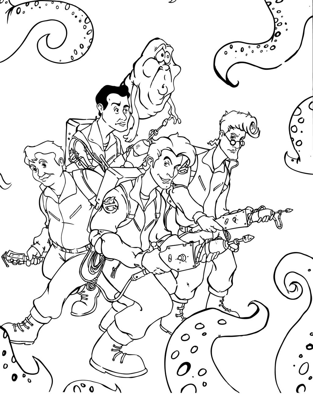 Coloriage de l'équipe de SOS Fantômes en pleine action dans une ville