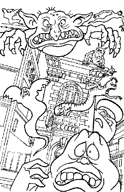 Coloriage de la scène emblématique de SOS Fantômes avec les personnages principaux