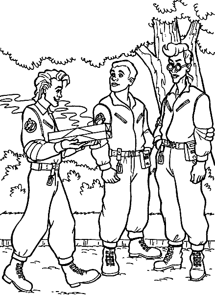 Coloriage de l'équipe de SOS Fantômes face à un fantôme dans un décor urbain