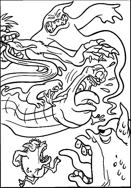 Coloriage représentant les personnages emblématiques de SOS Fantômes dans une scène d'action