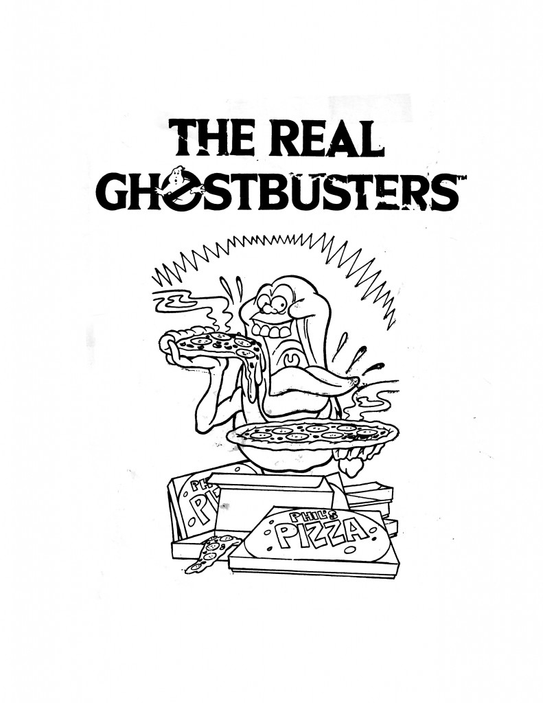 Coloriage de Ghostbusters avec le célèbre véhicule Ecto-1 et des fantômes