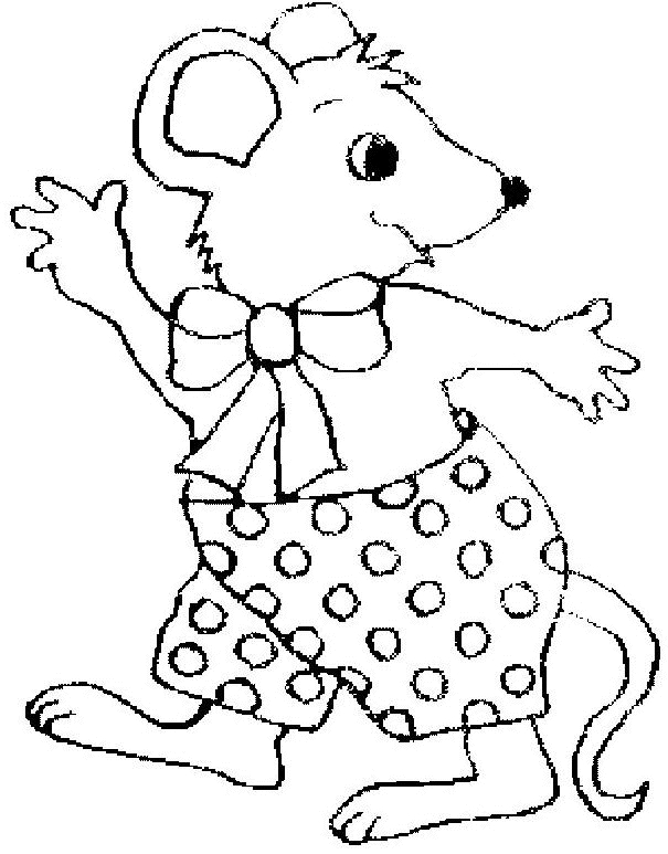 Coloriage d'une souris souriante portant un chapeau dans un décor champêtre