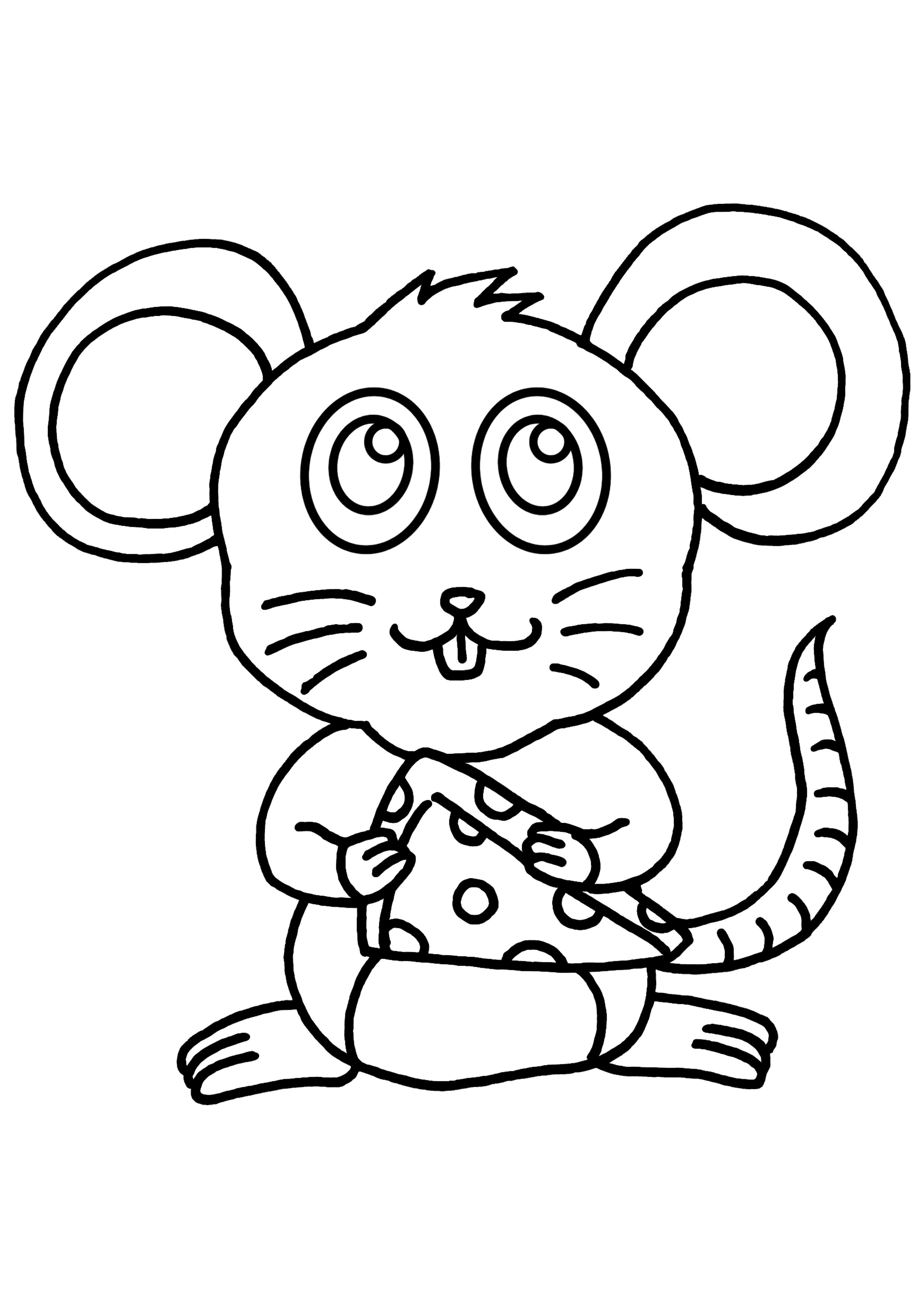 Coloriage d'une souris joyeuse avec un fromage dans un décor de prairie