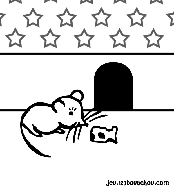 Coloriage d'une souris assise sur une souche avec un environnement naturel