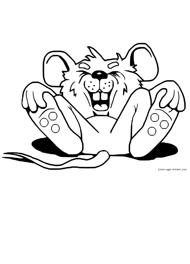 Un coloriage de souris assise sur un morceau de fromage dans un décor simple