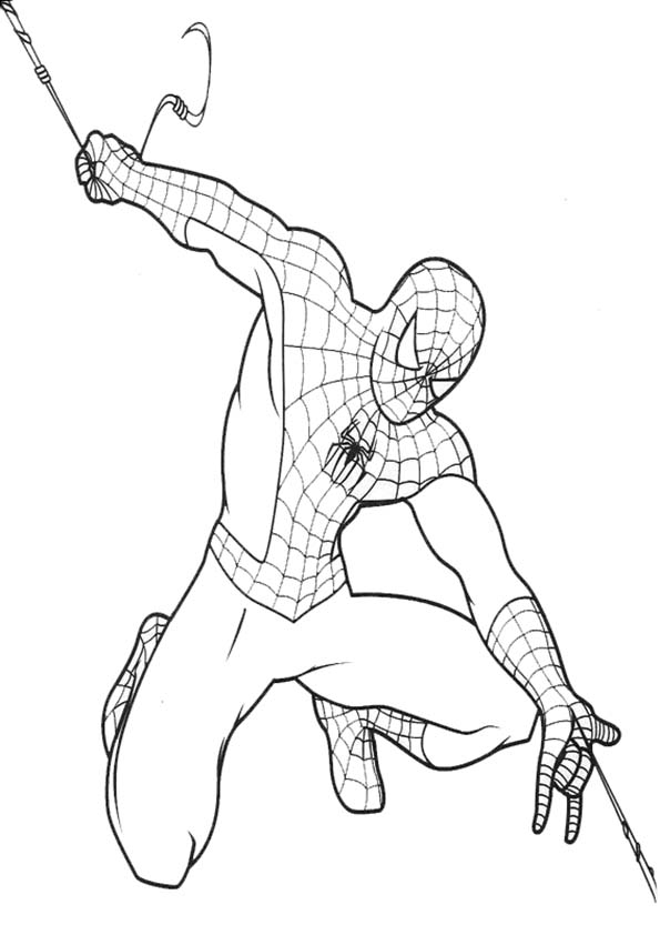 Coloriage de Spider-Man en pleine action sur un bâtiment