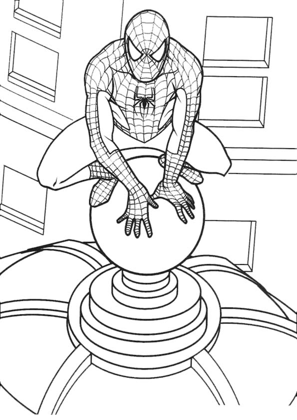 Spiderman en pleine action suspendu au-dessus de la ville