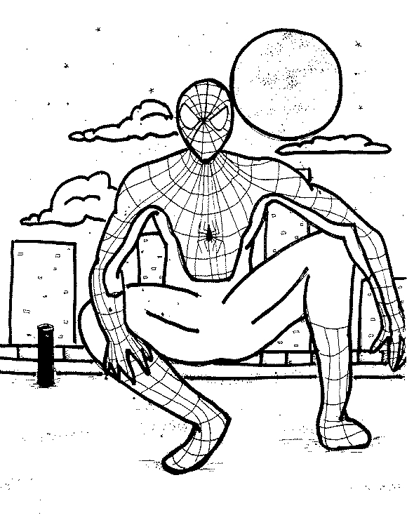 Coloriage de Spiderman en pleine action sur un bâtiment urbain
