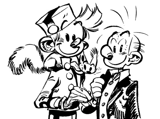 Spirou et Fantasio en pleine aventure dans un décor dynamique