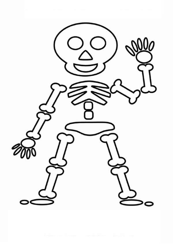Coloriage d'un squelette dans une pose dynamique sur fond décoratif