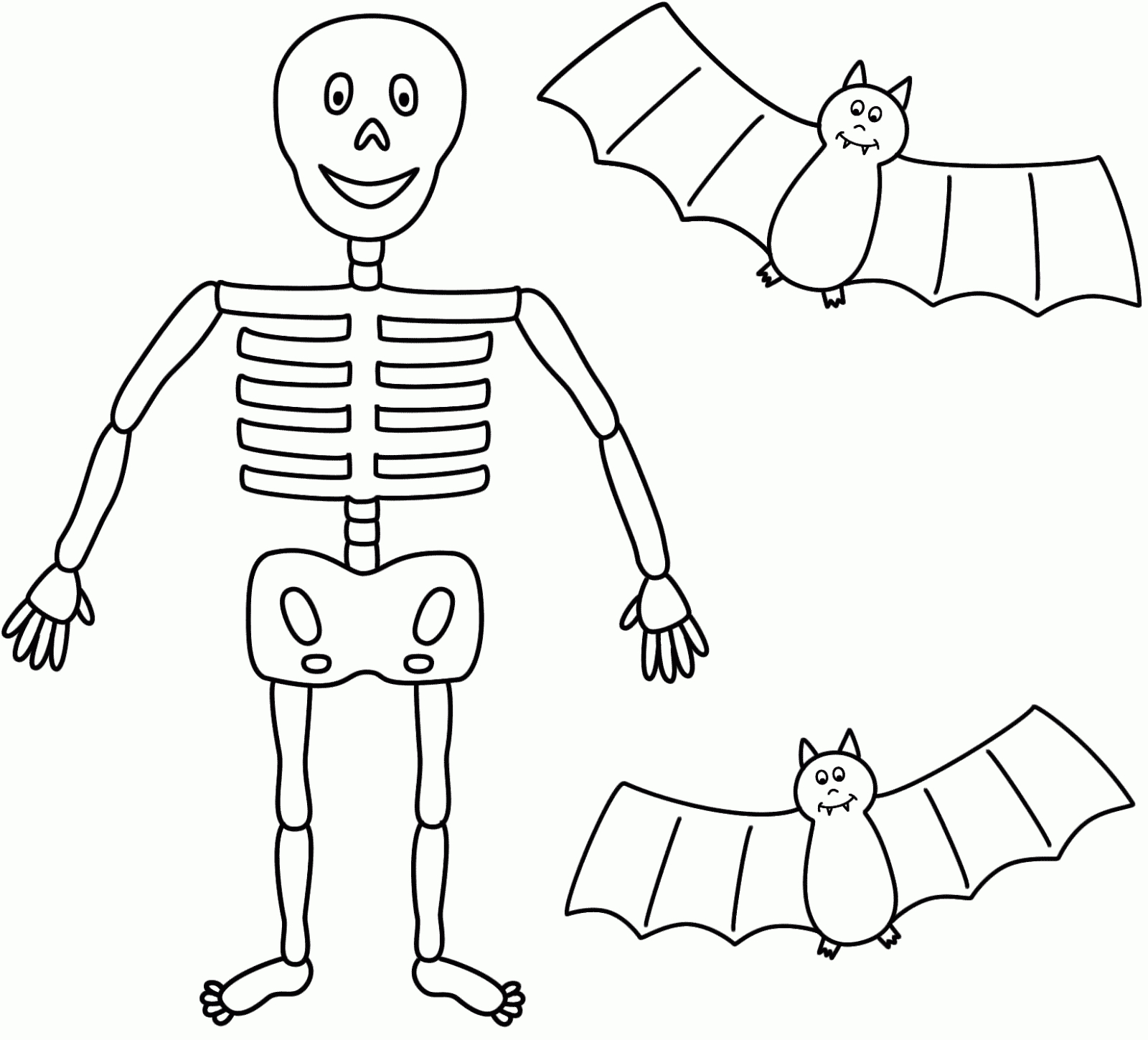 Coloriage d'un squelette dans une pose dynamique entouré d'éléments festifs