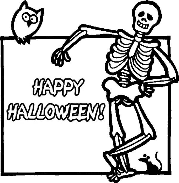 Coloriage d'un squelette dans une scène festive d'Halloween