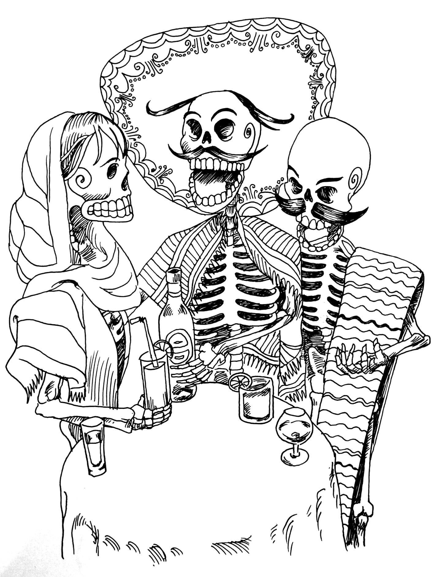 Coloriage d'un squelette entouré d'éléments festifs