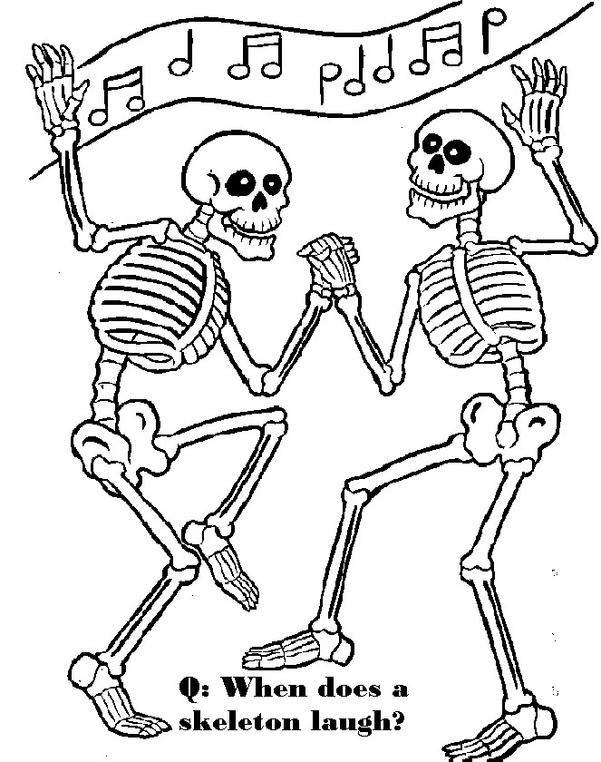 Coloriage d'un squelette dans une pose dynamique avec des éléments festifs